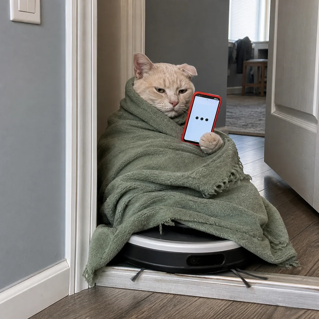 The Text Cat rides a robot vacuum while wrapped in its green blanket