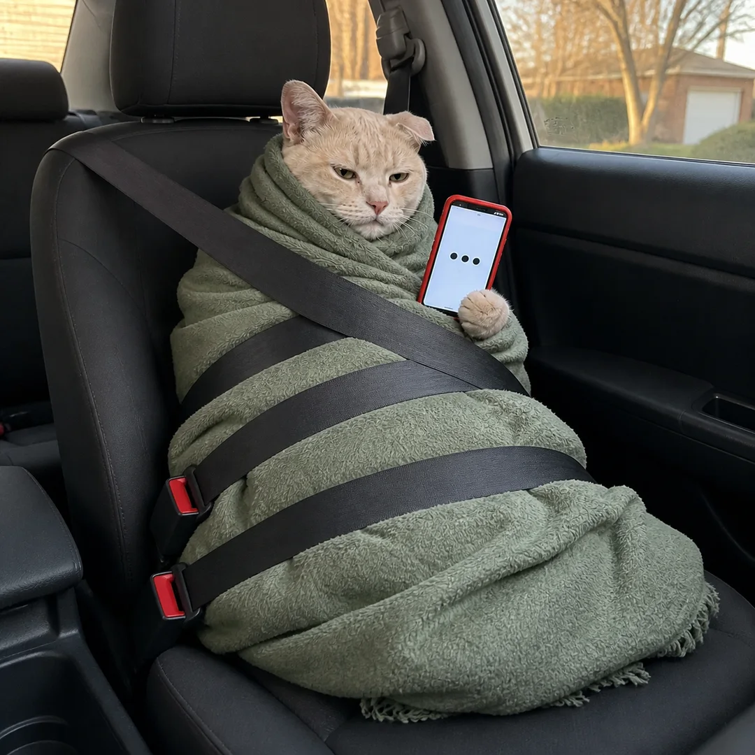 The Text Cat bundled in a green blanket under three seat belts