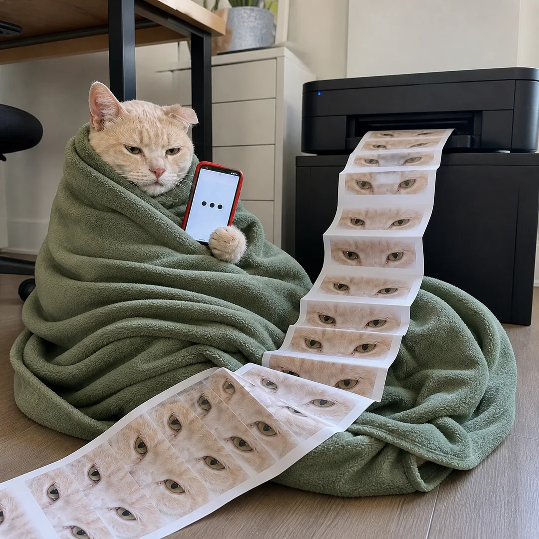 The printer outputs the cat's bored eyes beside its green blanket