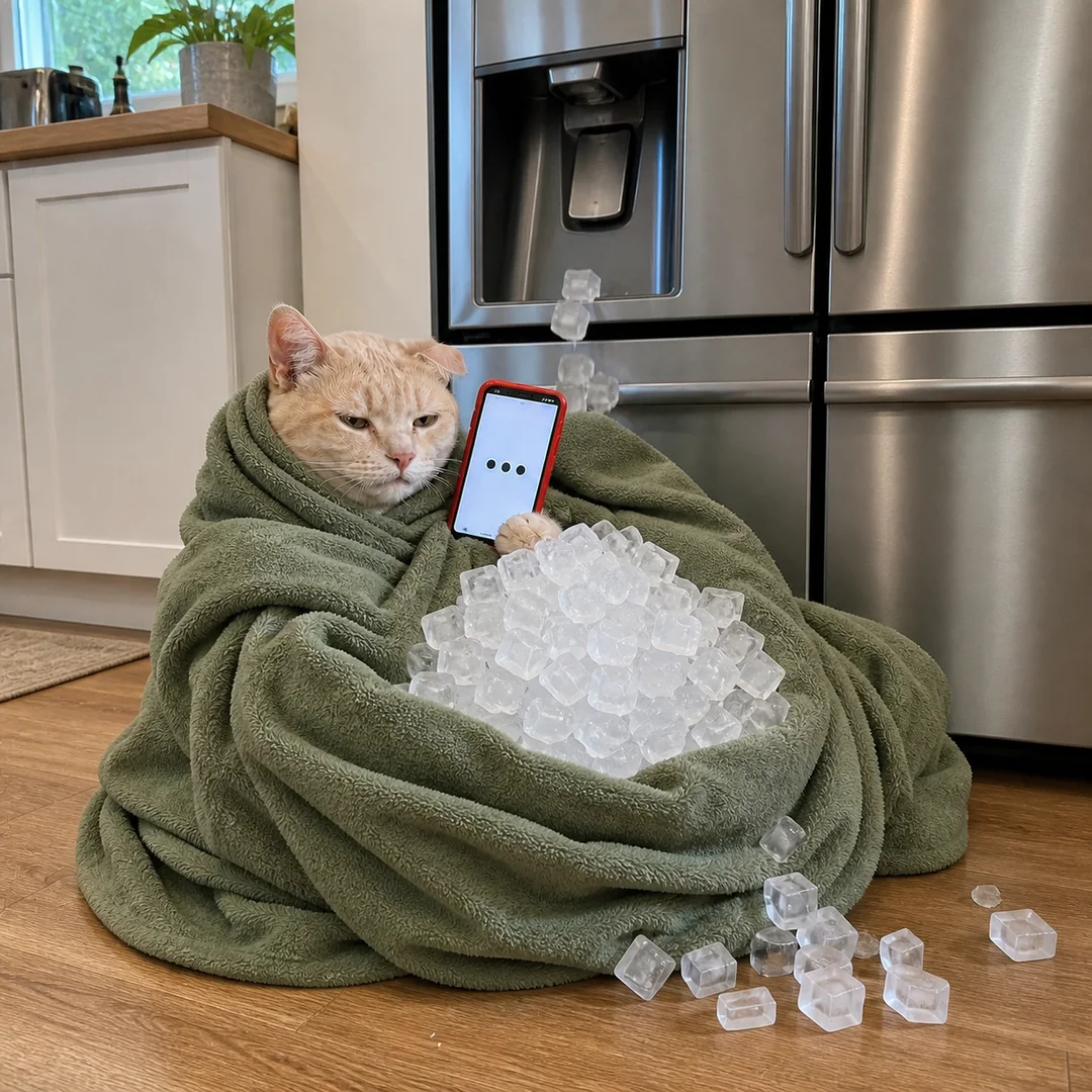 The Text Cat holds its phone above a pile of ice in the green blanket