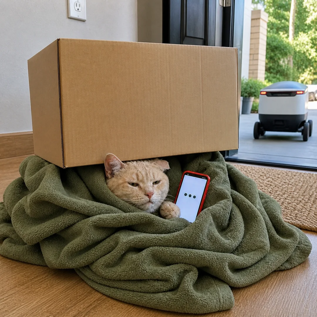 The Text Cat stays under its blanket while a parcel becomes a roof