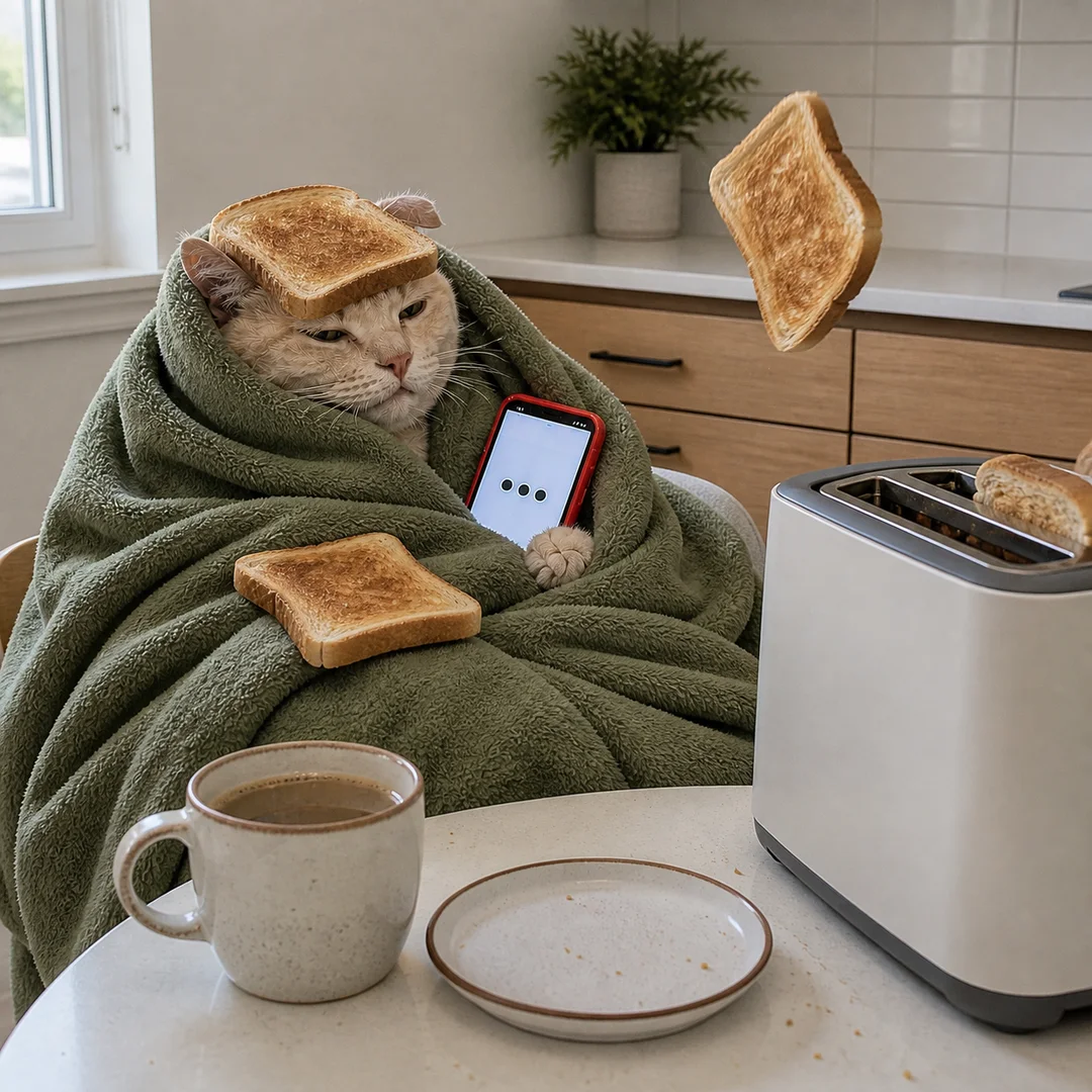The Text Cat stays wrapped in its blanket as toast lands on its head